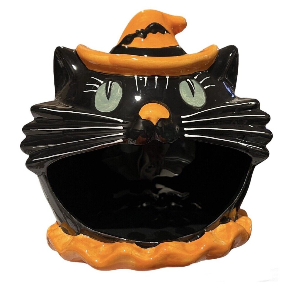 Large Wide Open Mouth Ceramic Black Cat Halloween Candy Dish Approximately 8"x8”
